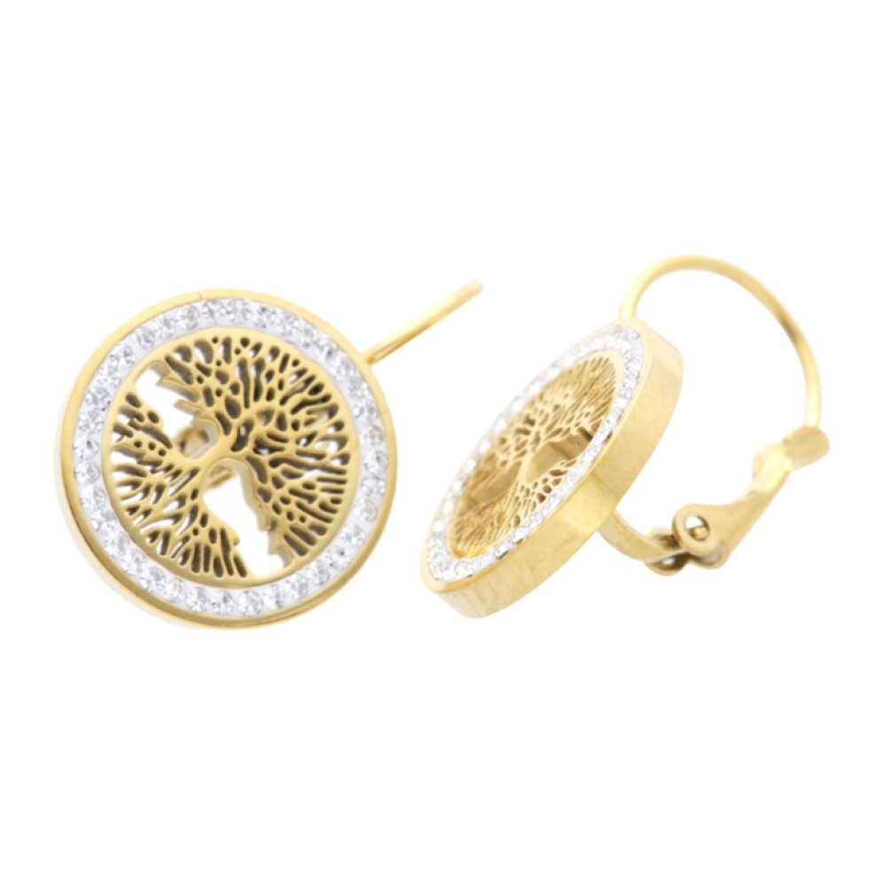 Elegantní Ocelové Náušnice Strom Života Gold s Krystaly