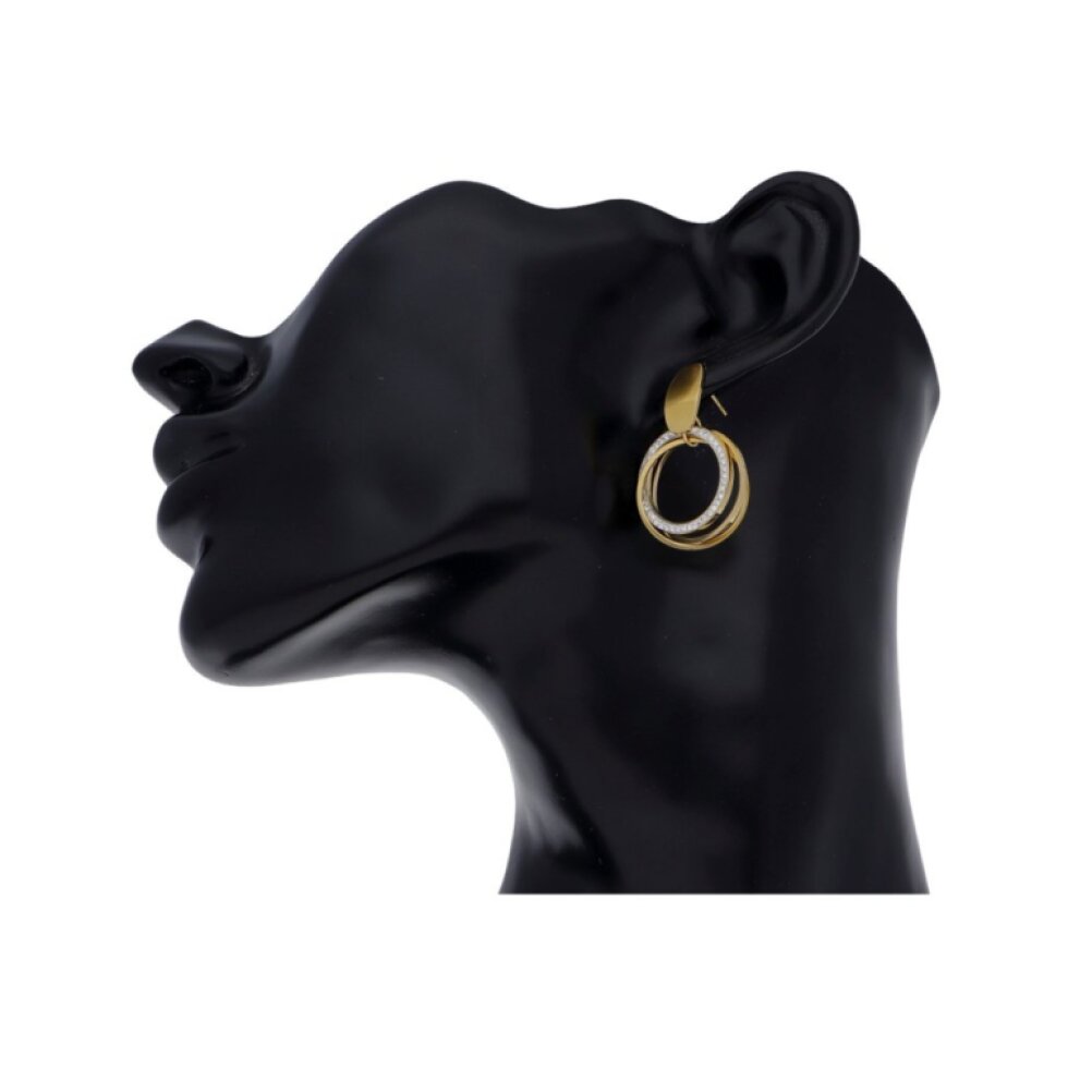 Ocelové náušnice Gold s kamínky a třemi kroužky