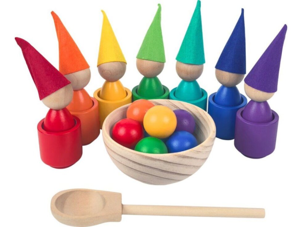 Duhové panenky s míčky - montessori dřevěná hračka 7 barev