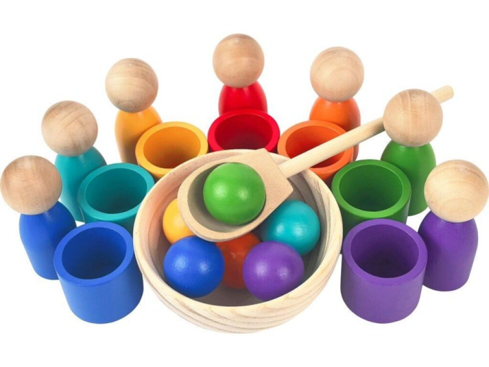 Duhové panenky s míčky - montessori dřevěná hračka 7 barev