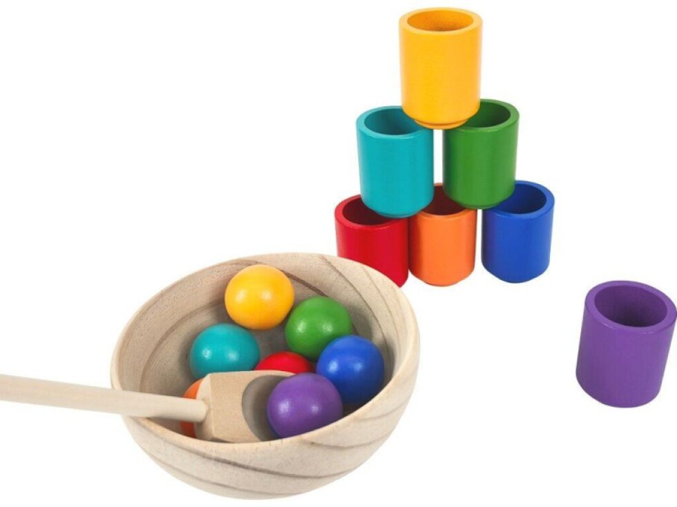 Duhové kuličky a kalíšky 7 barev - montessori dřevěná hračka 7 barev
