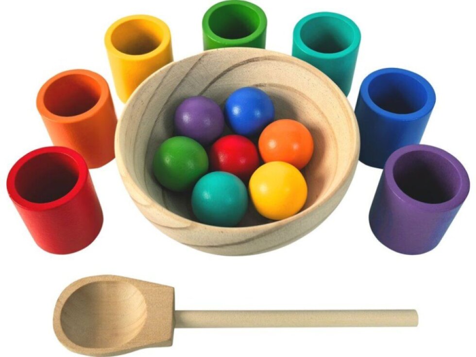 Duhové kuličky a kalíšky 7 barev - montessori dřevěná hračka 7 barev