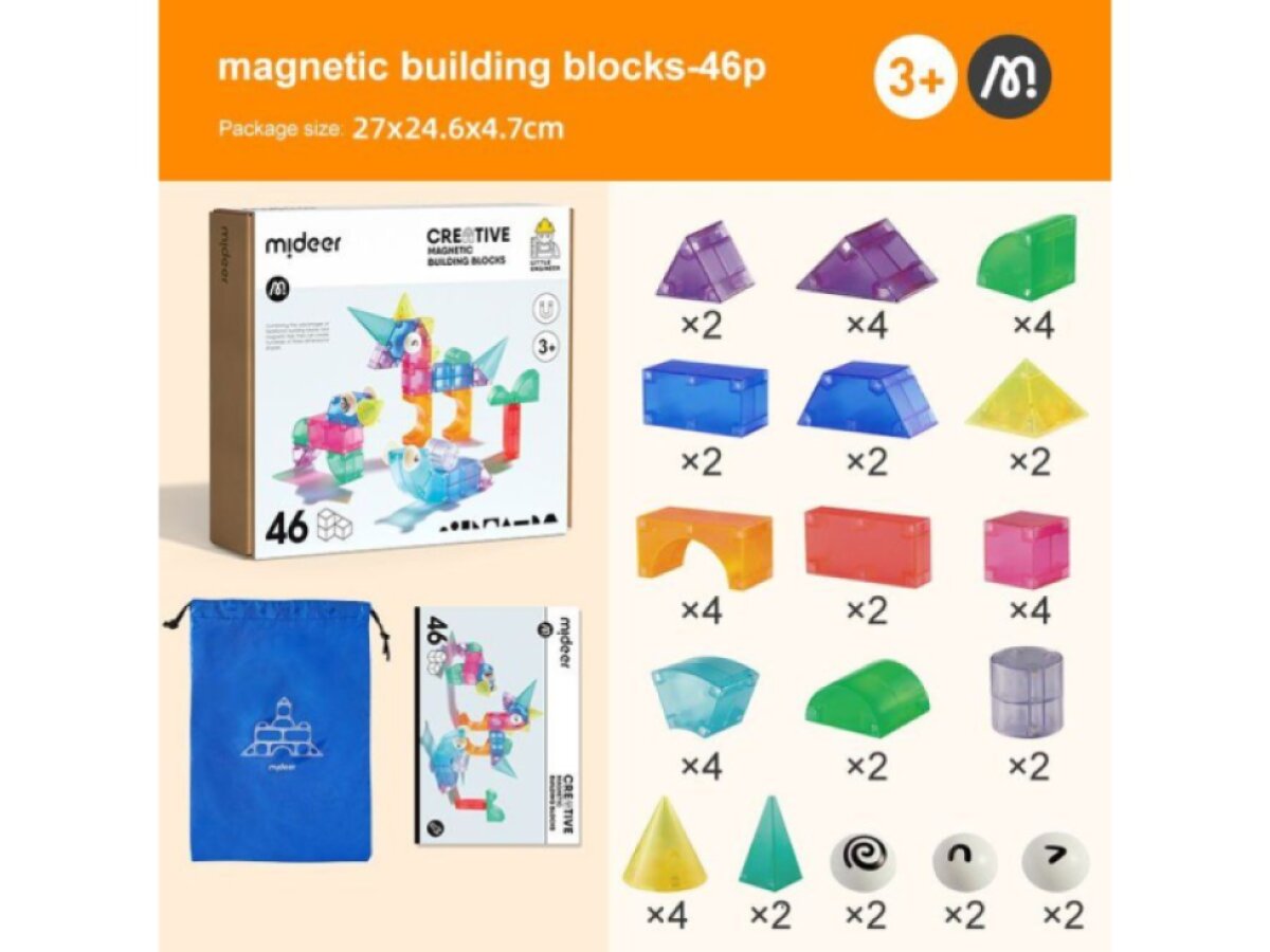 Objevte kouzlo tvoření s magnetickou stavebnicí Mideer 46 dílků, která spojuje hravou zábavu s nenápadným vzděláváním. Stavebnice je vhodná jak pro začátečníky, kteří si vyzkouší první konstrukce, tak i pro pokročilejší malé stavitele, kteří rádi hl