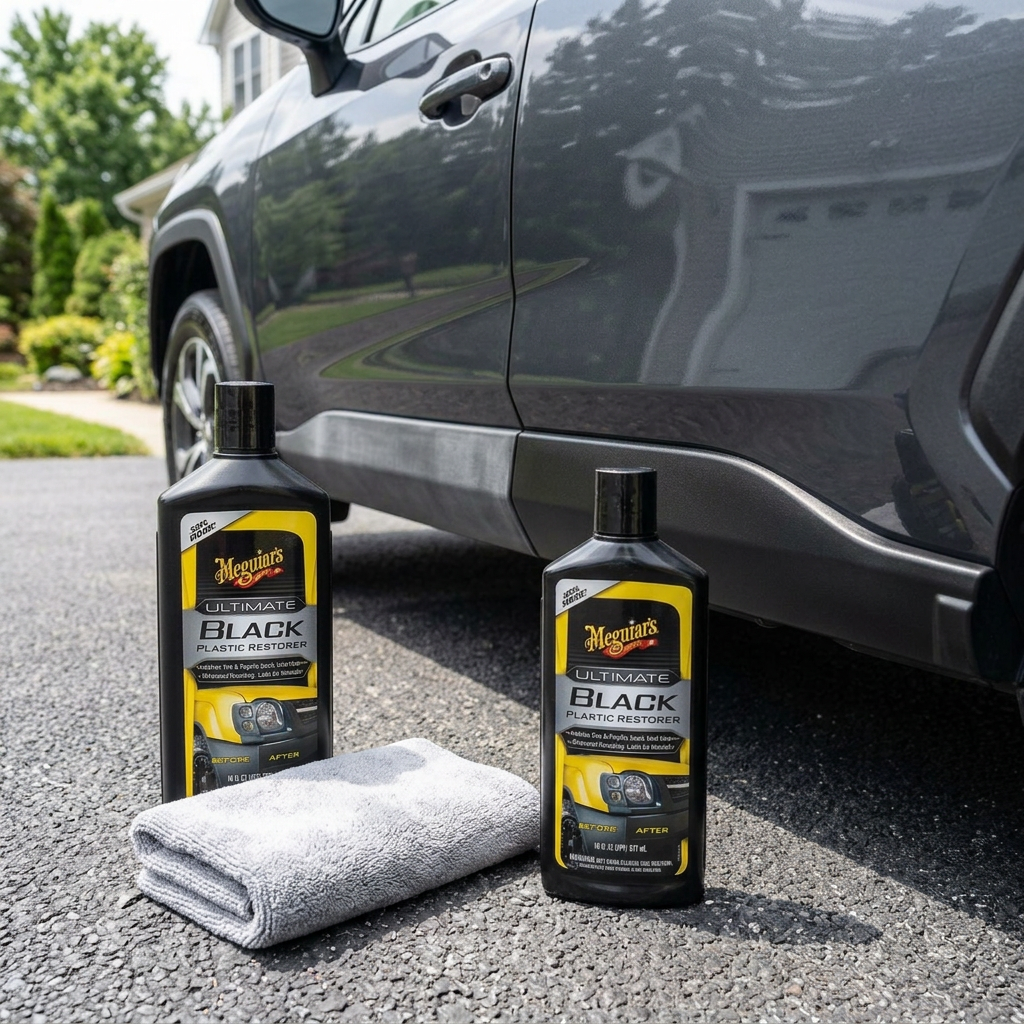 Meguiar's Ultimate Black Plastic Restorer - oživovač a ochrana nelakovaných plastů v exteriéru i interiéru, 355 ml
