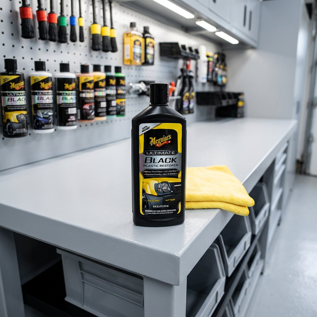 Meguiar's Ultimate Black Plastic Restorer - oživovač a ochrana nelakovaných plastů v exteriéru i interiéru, 355 ml