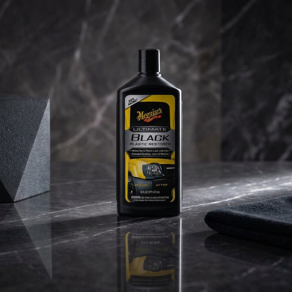 Meguiar's Ultimate Black Plastic Restorer - oživovač a ochrana nelakovaných plastů v exteriéru i interiéru, 355 ml