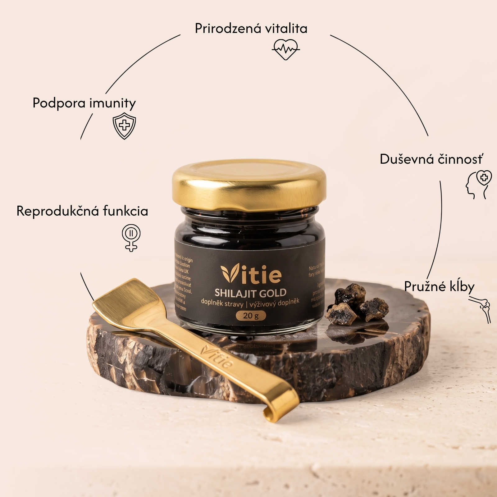 Shilajit Gold – 80 % kyseliny fulvovej, 20 g, Vitie