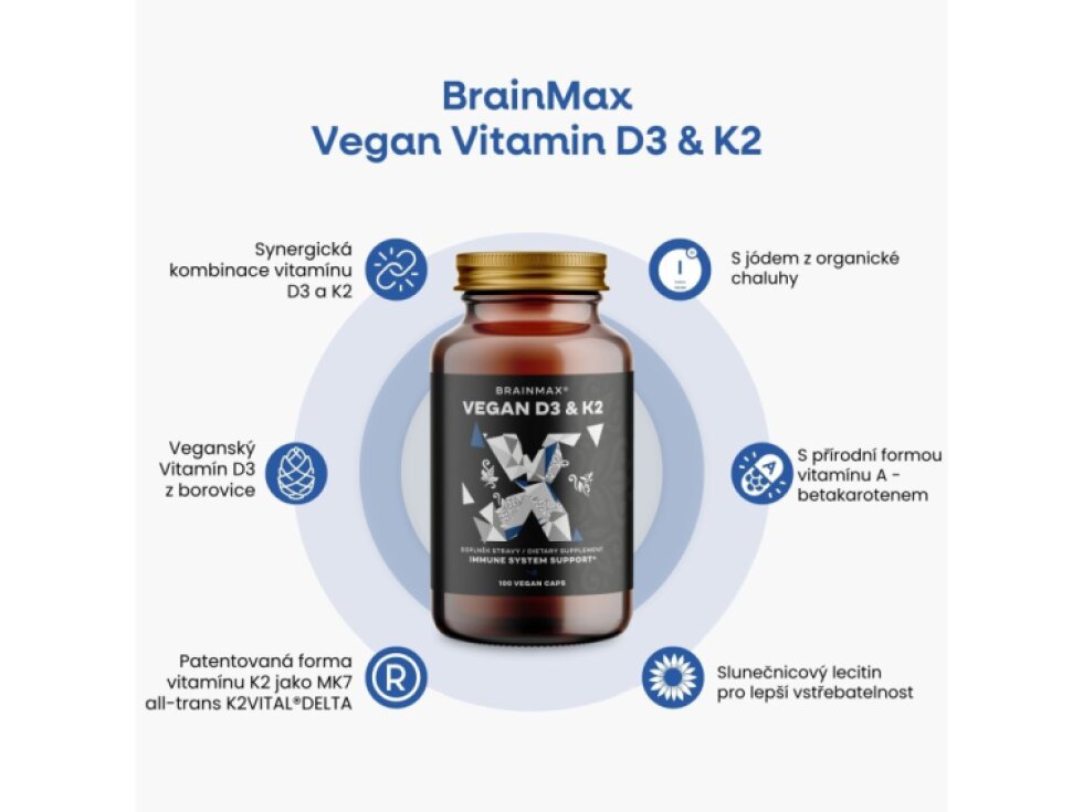 BrainMax Vegan Vitamin D3 & K2 4000 IU / K2 jako MK7 all – trans K2VITAL®DELTA 150 mcg 100 rostlinných kapslí