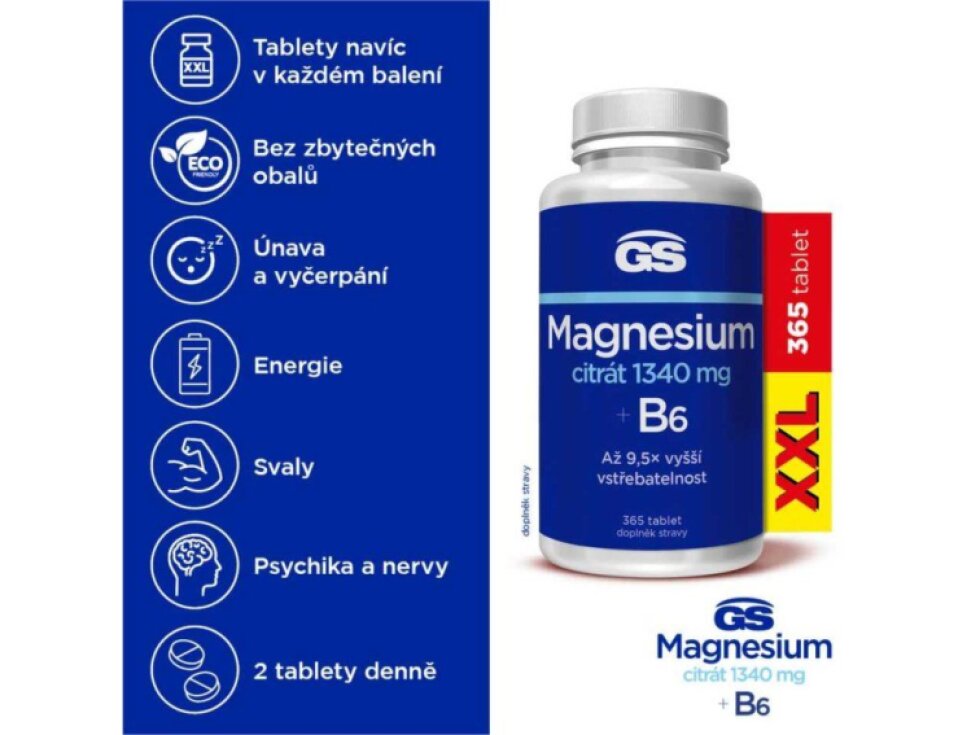 GS Magnesium citrát 1340 mg+B6 XXL 365 tbl.
