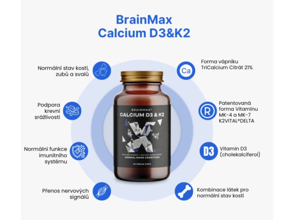 BrainMax Calcium D3 & K2, vápník s vitamínem D3 & K2, 90 rostlinných kapslí