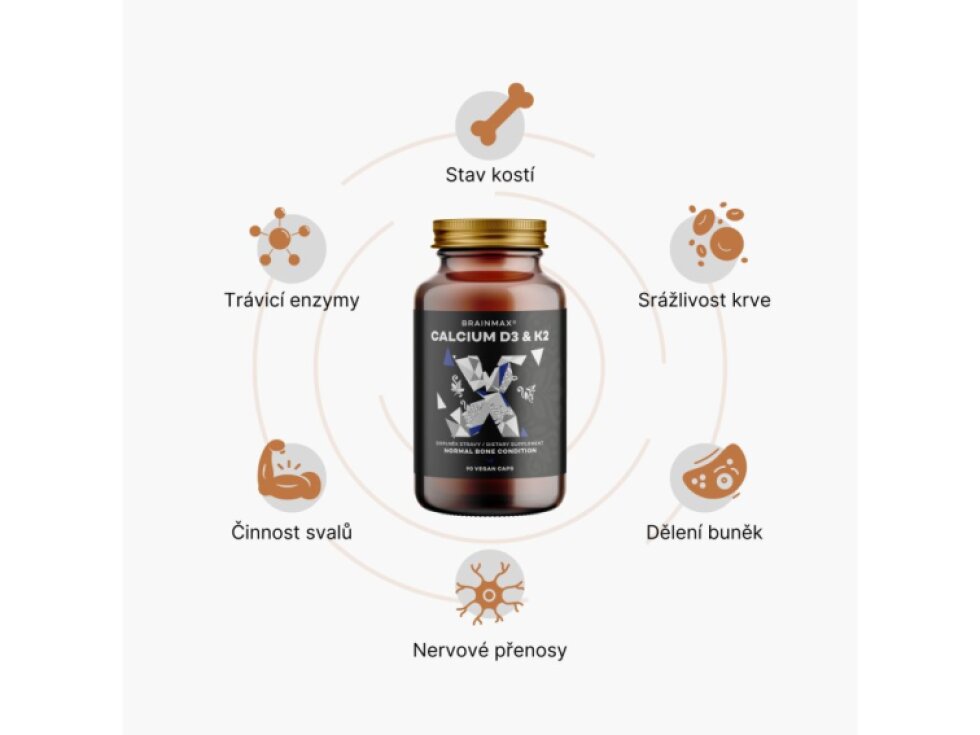 BrainMax Calcium D3 & K2, vápník s vitamínem D3 & K2, 90 rostlinných kapslí