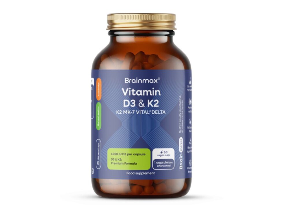 BrainMax Vitamin D3 & K2, D3 5000 IU / K2 jako MK7 all – trans K2VITAL®DELTA 150 mcg 50 rostlinných kapslí