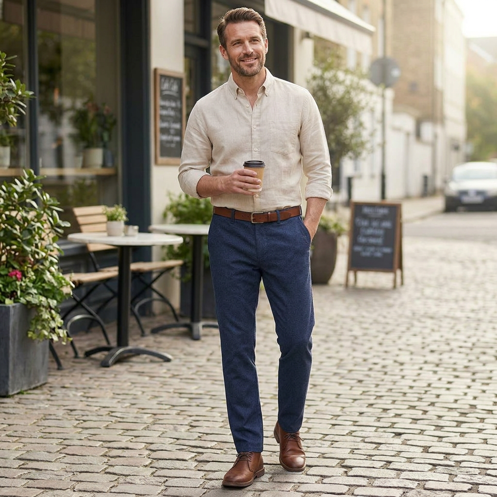 Pánske modré nohavice bavlna-ľan FYNCH-HATTON casual fit