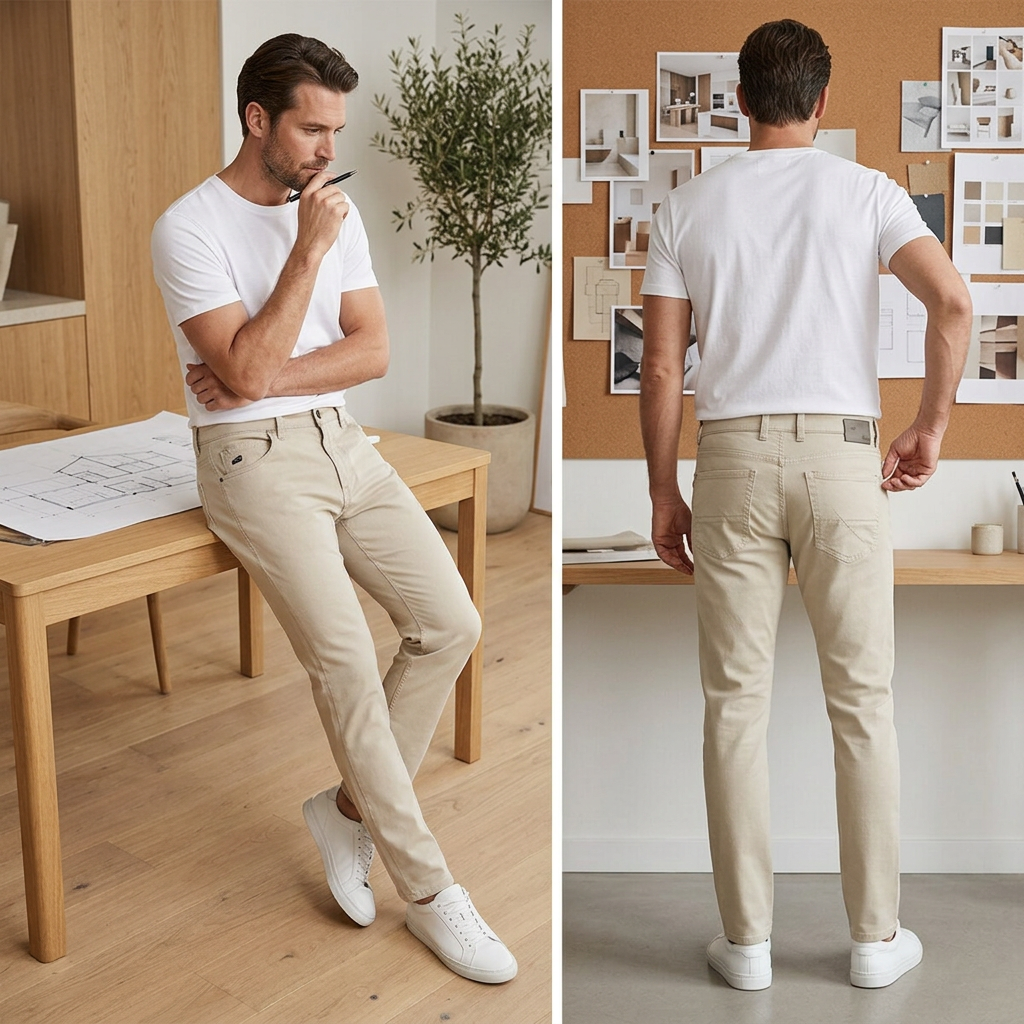 Pánske béžové casual stretch nohavice s prémiovým zložením bavlna-lyocell FYNCH-HATTON