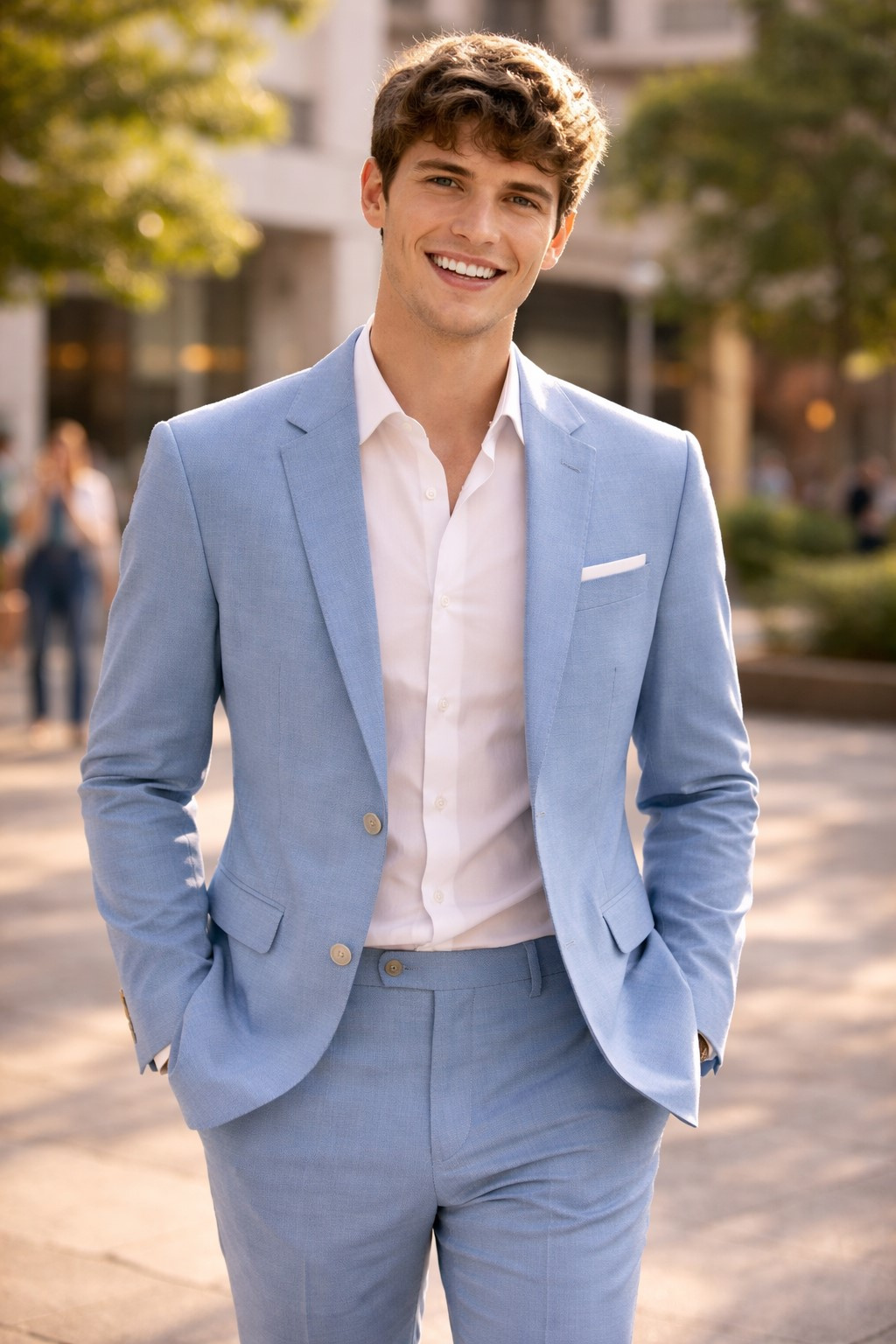 Pánsky svetlomodrý bi-stretch oblek CELIO slim fit
