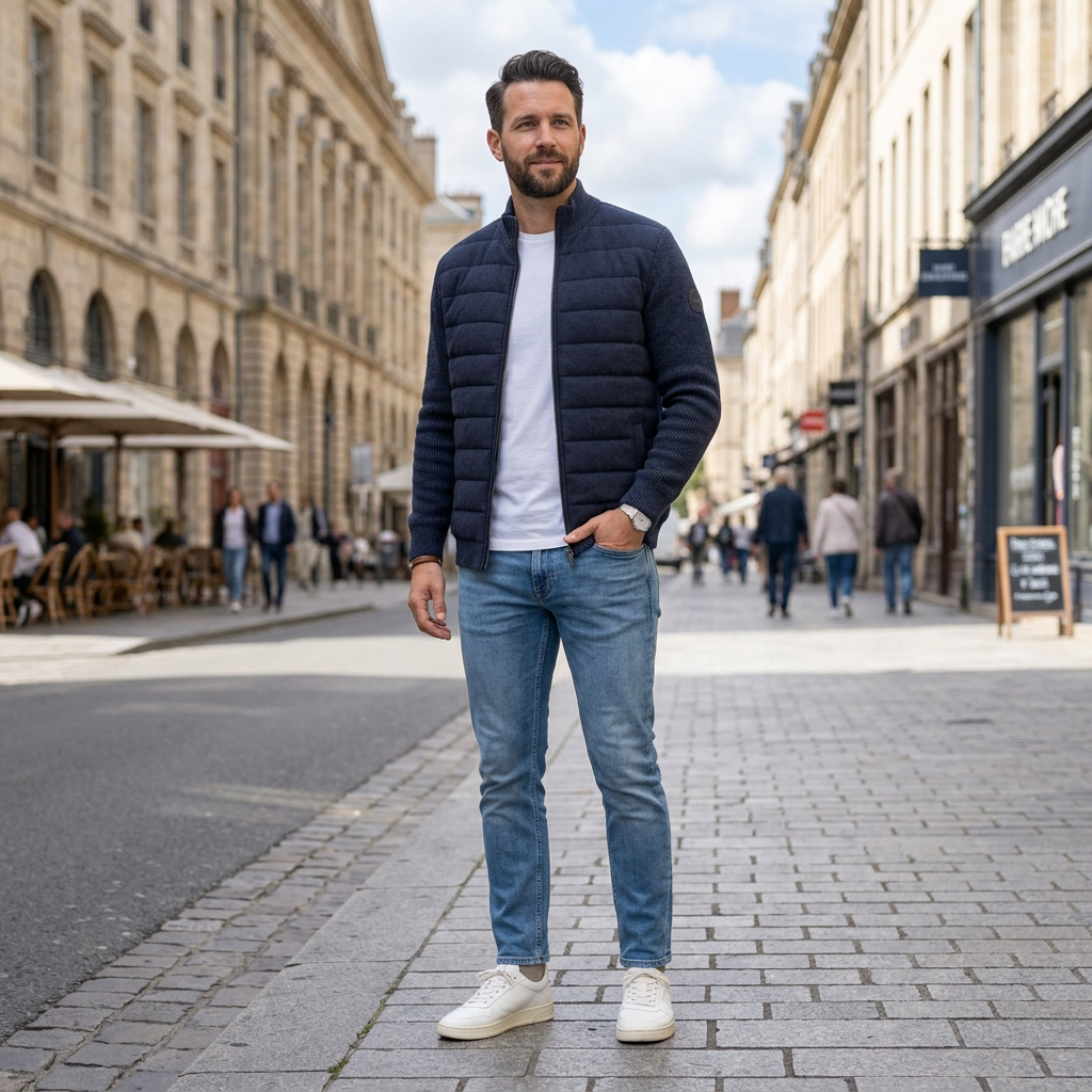 Pánsky tmavomodrý pletený sveter CASA MODA na zips