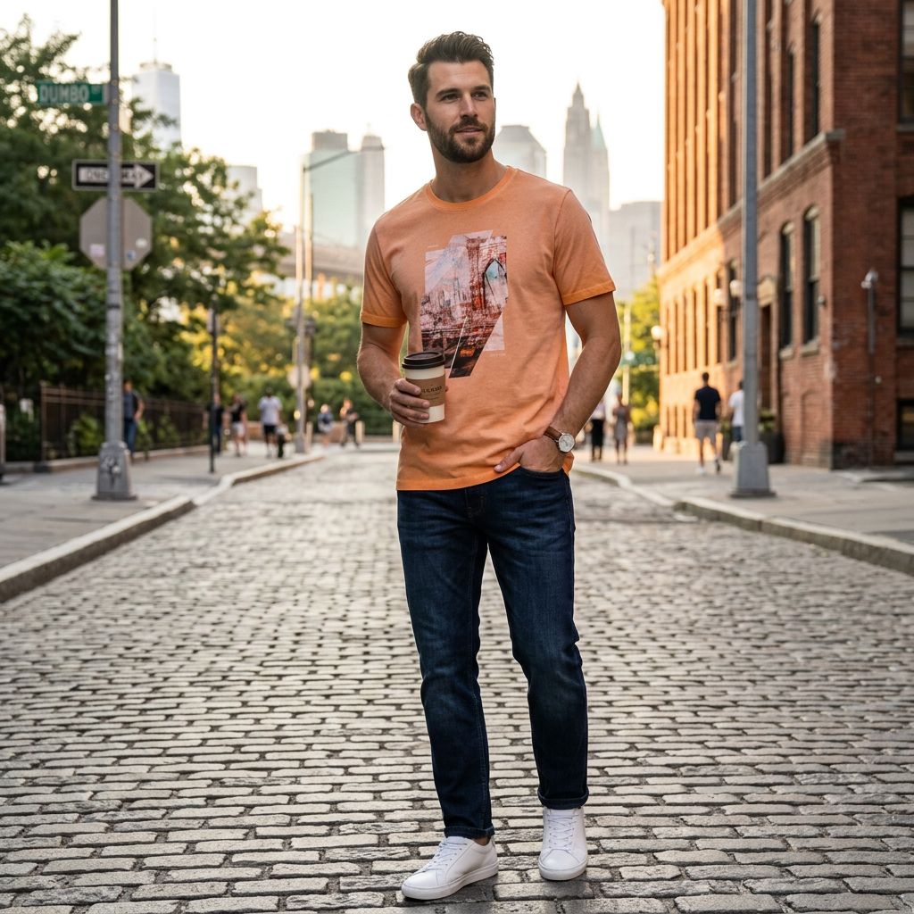 Pánske oranžové print tričko CASA MODA