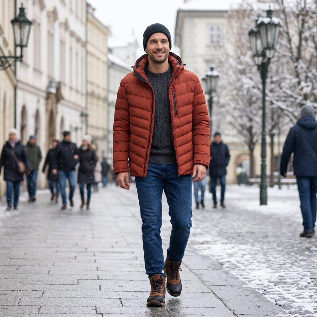 CASA MODA pánska tehlová prešívaná zimná bunda s kapucňou