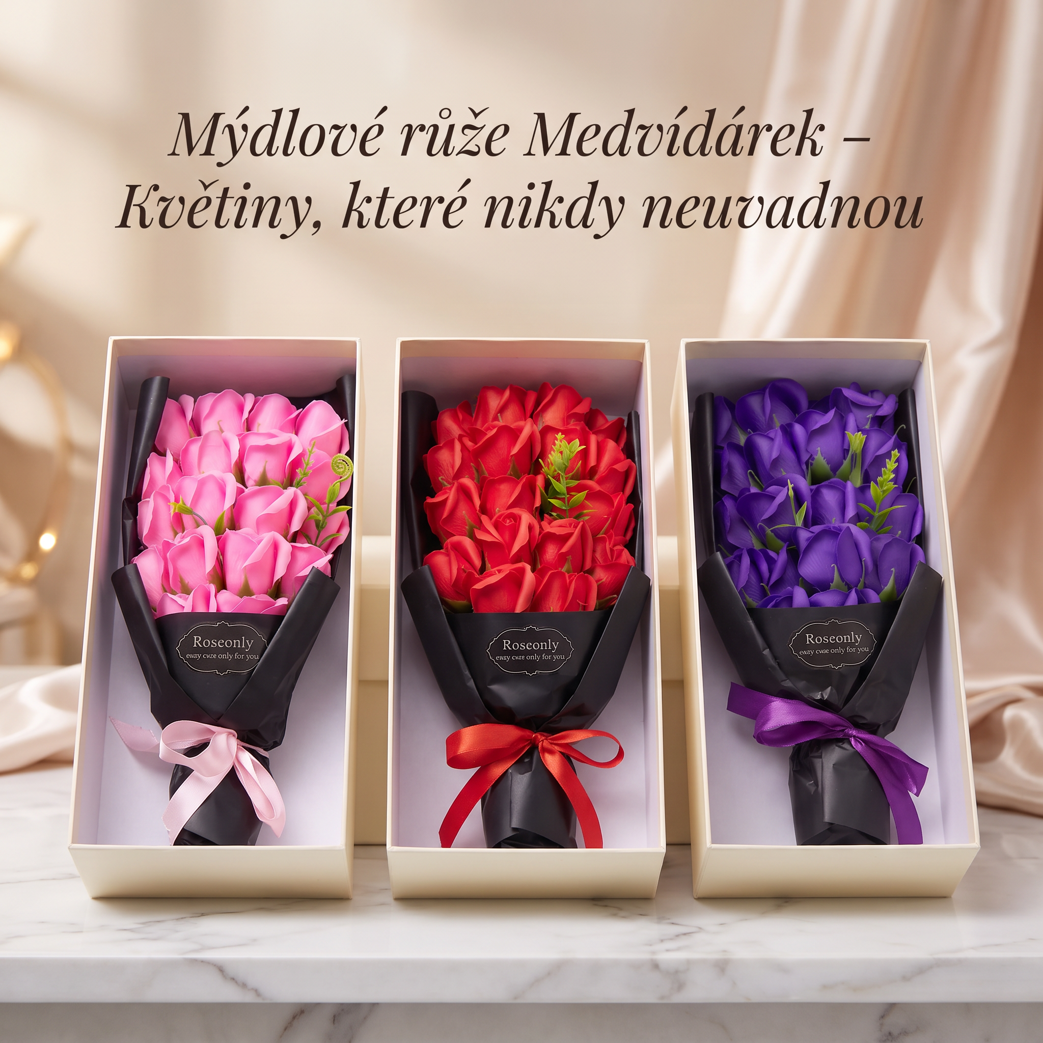Medvídárek růžový puget z mýdlových růží v dárkovém boxu