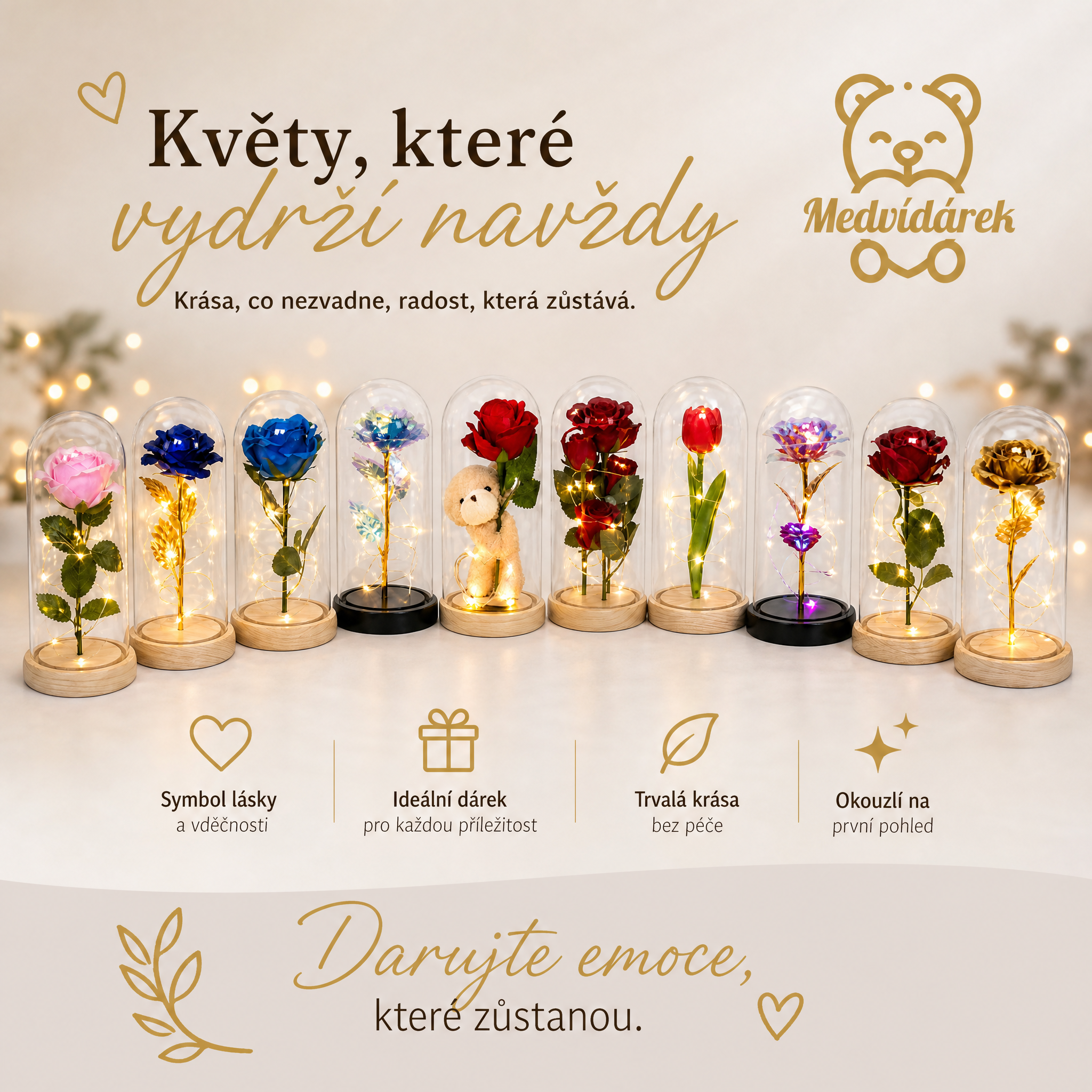 Svítící věčná růže ve skle - červená