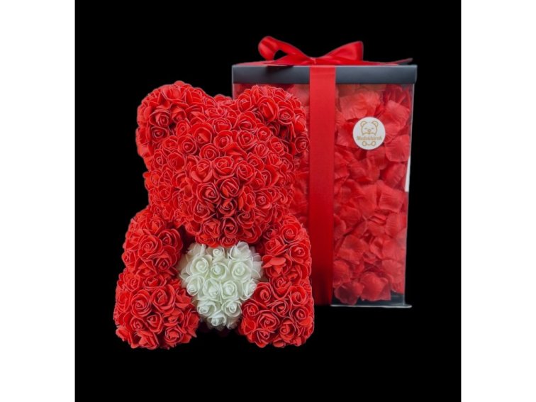 Medvídárek BIG Romantic medvídek z růží 40cm dárkově balený - světle červený s bílým srdcem