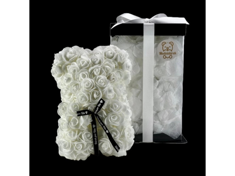 Medvídárek Romantic medvídek z růží 25cm dárkově balený - světle červený zasypaný červenými lístky
