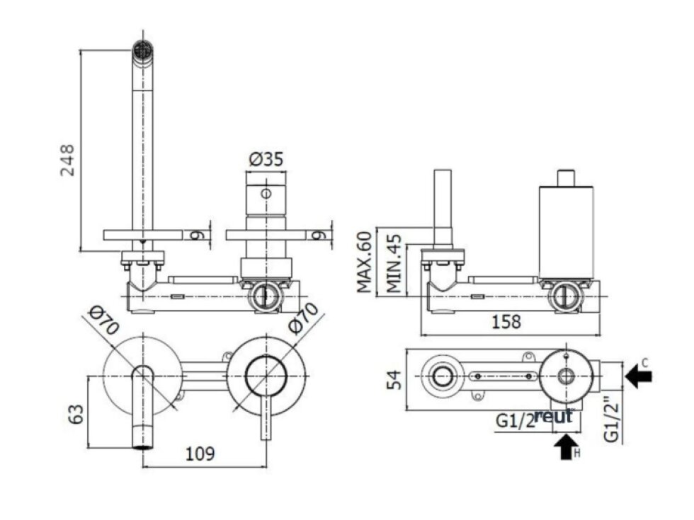 Paffoni Light Umývadlová batéria pod omietku s telesom, 2-otvorová inštalácia, nerezová LIG106ST70