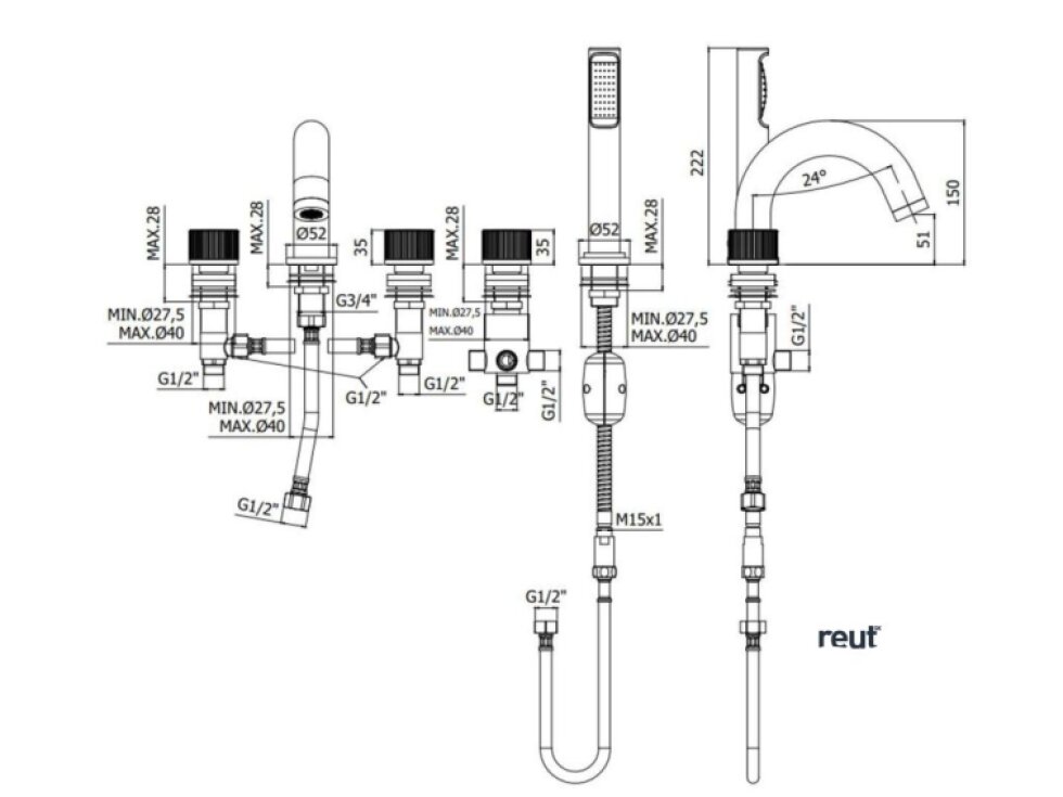 Paffoni Jo Batéria na okraj vane, 5-otvorová inštalácia, s telesom, chróm JO044CR