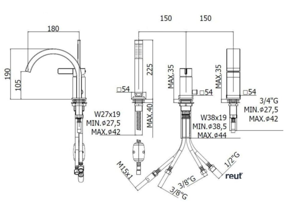 Paffoni Rock Batéria na okraj vane, 3-otvorová inštalácia, nerezová RO040ST