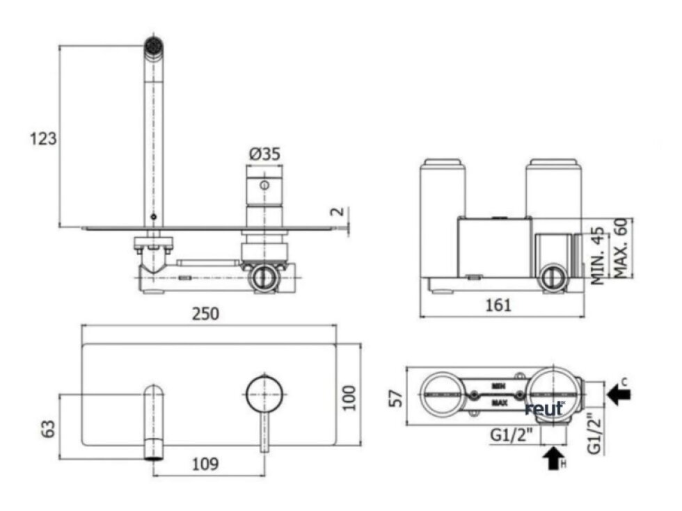 Paffoni Light Batéria pod omietku s telesom, kefovaná zlatá LIG104HGSP
