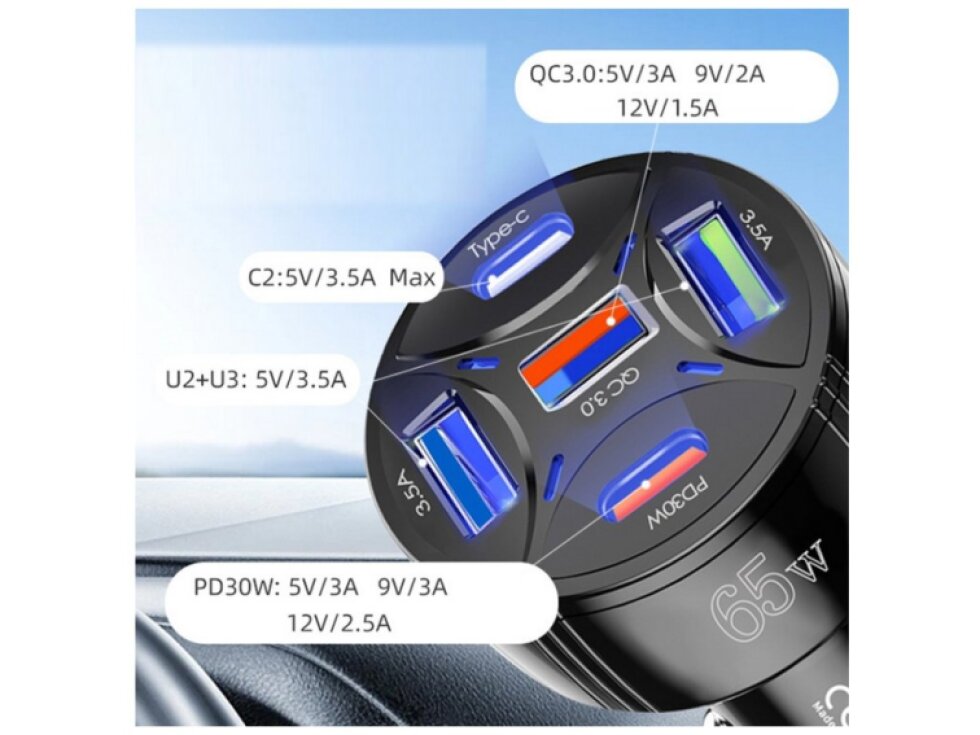 65W Autonabíjačka PD30W TYP-C x 2 / USB x 3 čierna farba