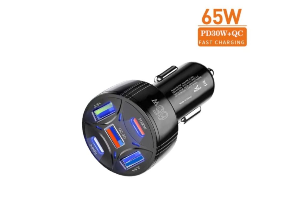 65W Autonabíjačka PD30W TYP-C x 2 / USB x 3 čierna farba