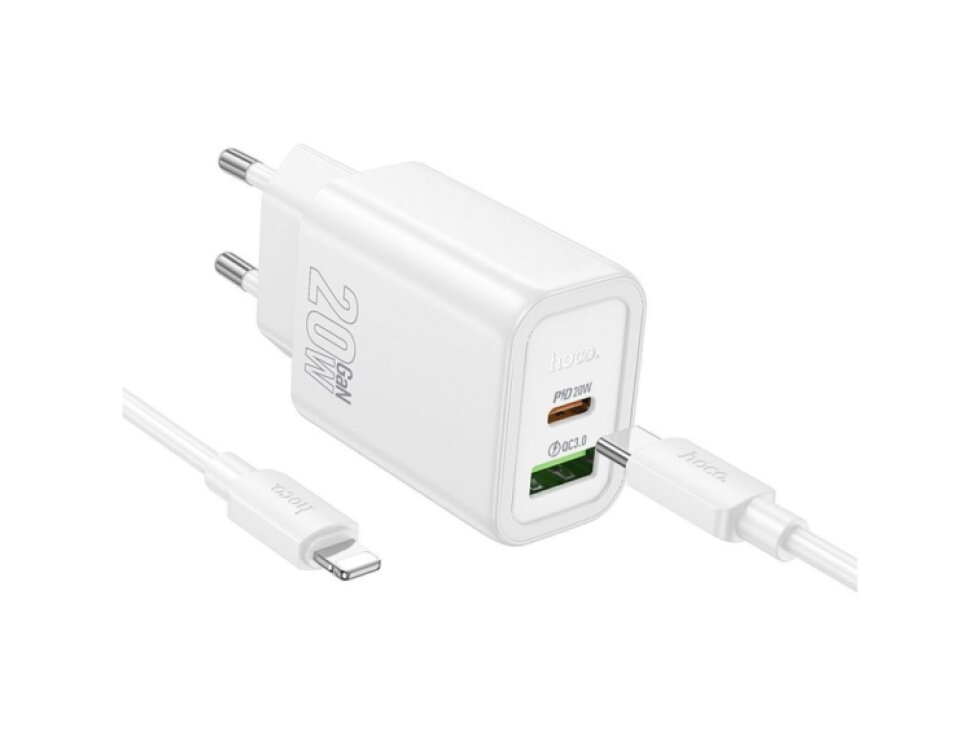 Rýchla sieťová nabíjačka Hoco N61 (20W) s káblom USB-C na Lightning – Biela