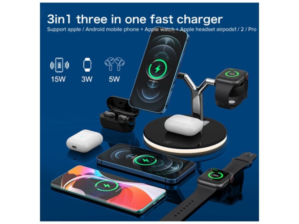 3 in 1 Bezdrôtová nabíjačka pre telefóny a hodinky Apple , slúchadlá AirPods 1 / 2 / Pro s farebným LED svetlom čierna farba 25W