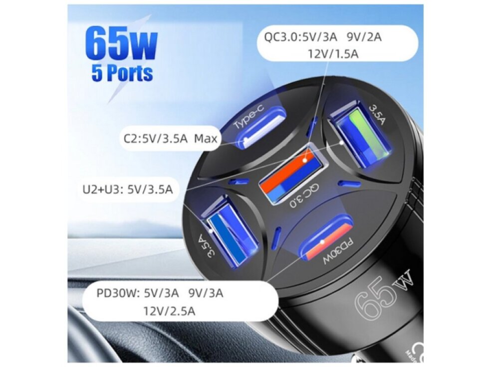 65W Autonabíjačka PD30W TYP-C x 2 / USB x 3 čierna farba
