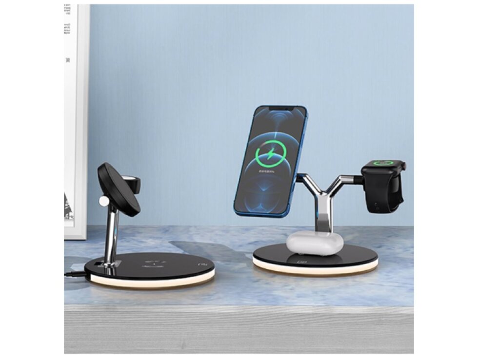 3 in 1 Bezdrôtová nabíjačka pre telefóny a hodinky Apple , slúchadlá AirPods 1 / 2 / Pro s farebným LED svetlom čierna farba 25W