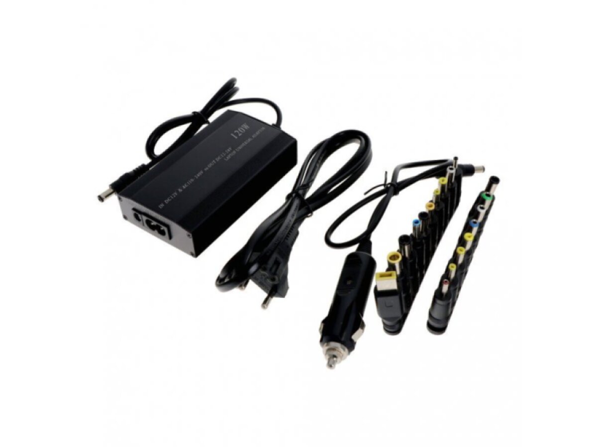 120W 12-24V nastaviteľná univerzálna nabíjačka na notebook do auta s 18 voliteľnými adaptérmi + EU Adaptér