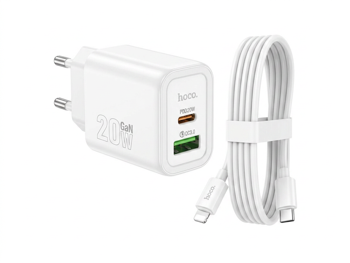 Rýchla sieťová nabíjačka Hoco N61 (20W) s káblom USB-C na Lightning – Biela