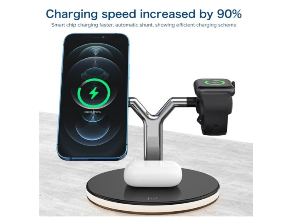 3 in 1 Bezdrôtová nabíjačka pre telefóny a hodinky Apple , slúchadlá AirPods 1 / 2 / Pro s farebným LED svetlom čierna farba 25W
