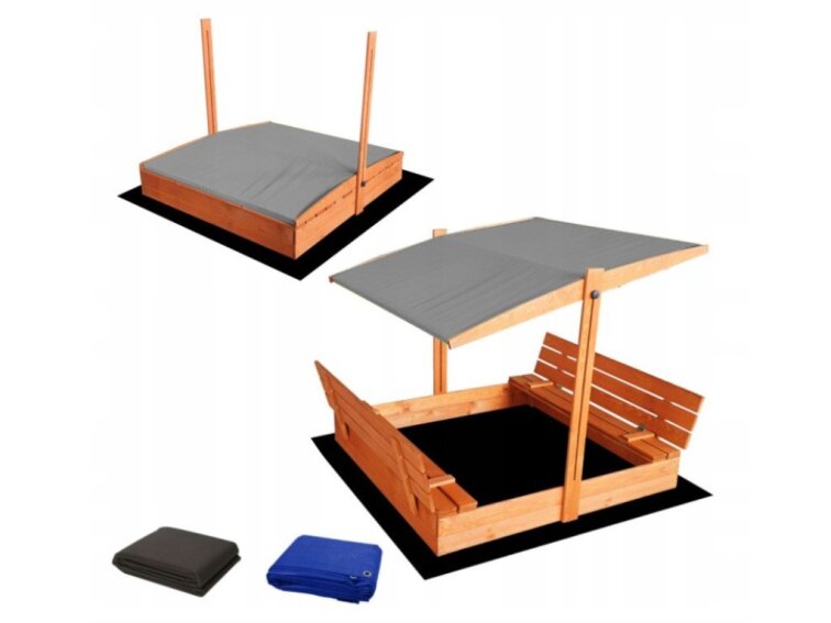Set - Pískoviště s krytem/lavičkami a šedou stříškou velké předvrtané impregnované premium 140x140 cm