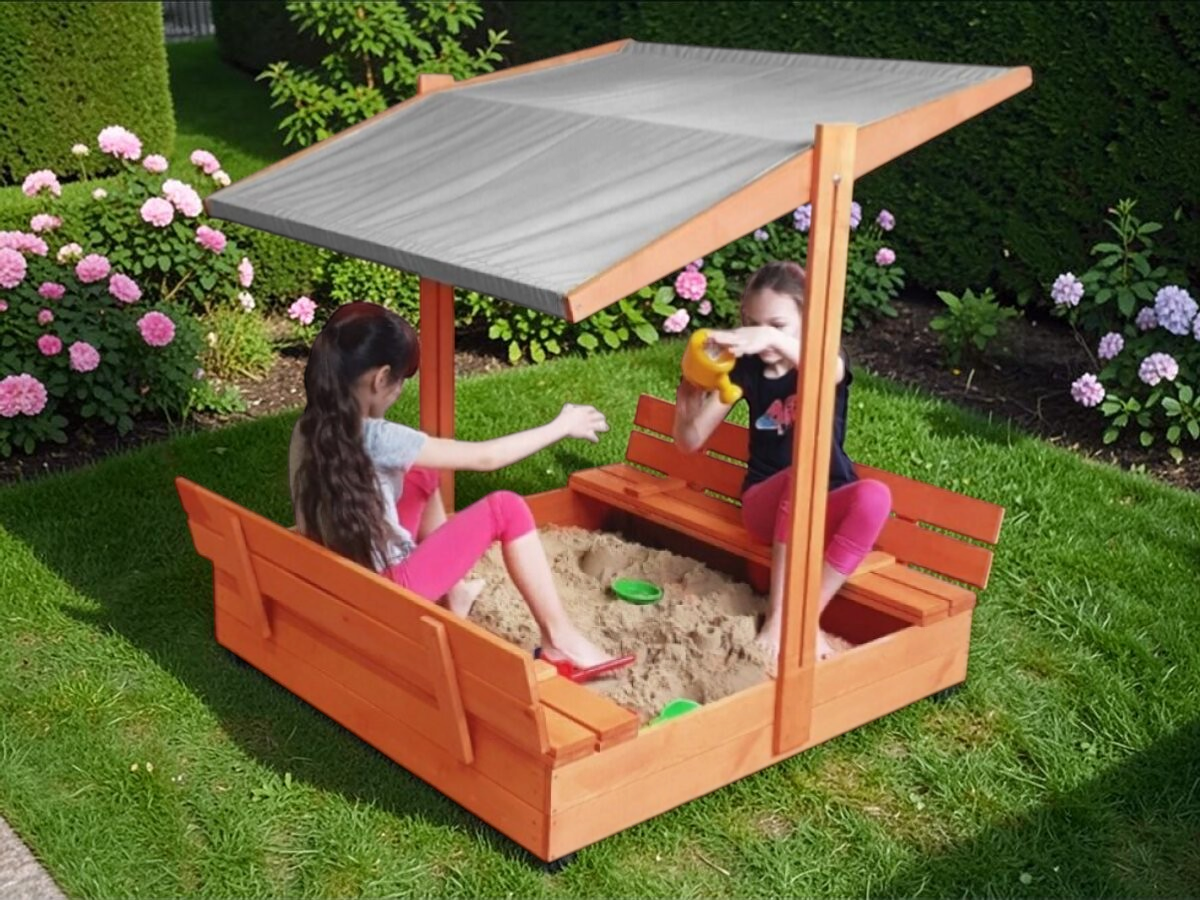 Set - Pískoviště s krytem/lavičkami a šedou stříškou předvrtané impregnované premium 120x120 cm