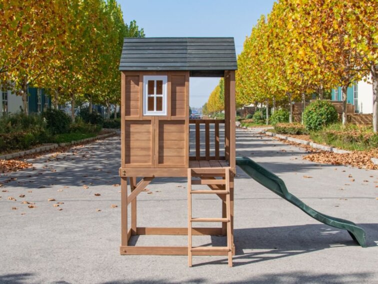 Dětský dřevěný zahradní domek se skluzavkou