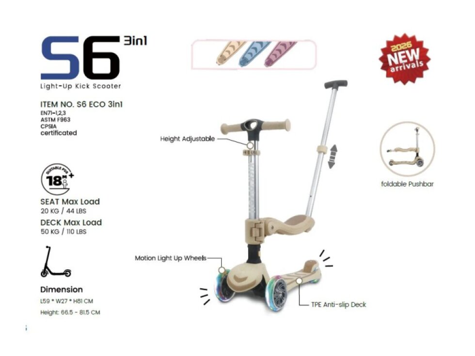 Gyerek roller Kick'n'Roll 3in1 vezetőrúddal - bézs színű