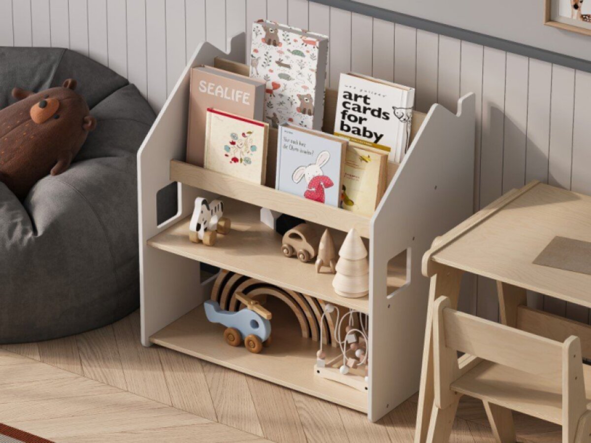 Dječja biblioteka Kuća 2u1 prirodna bijela – prikaz proizvoda