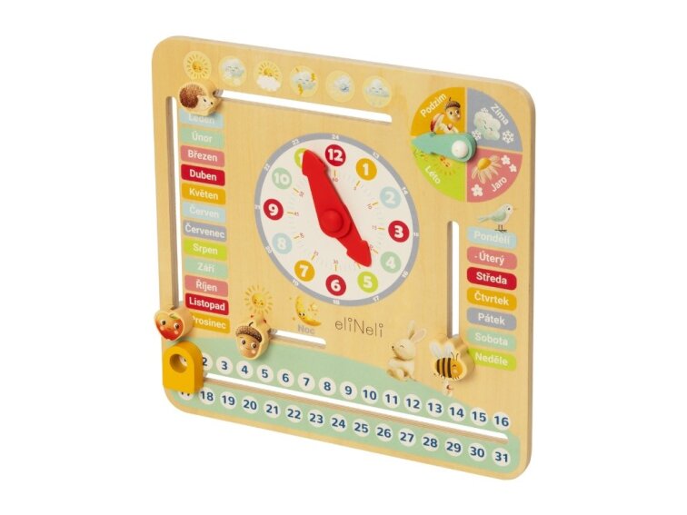 Dřevěný kalendář s hodinami