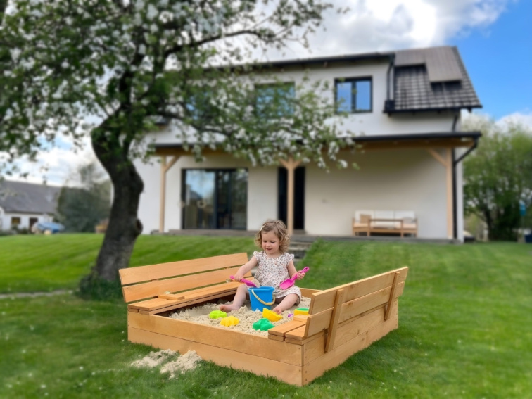 Pískoviště dřevěné s krytem/lavičkami předvrtané impregnované premium 120x120 cm