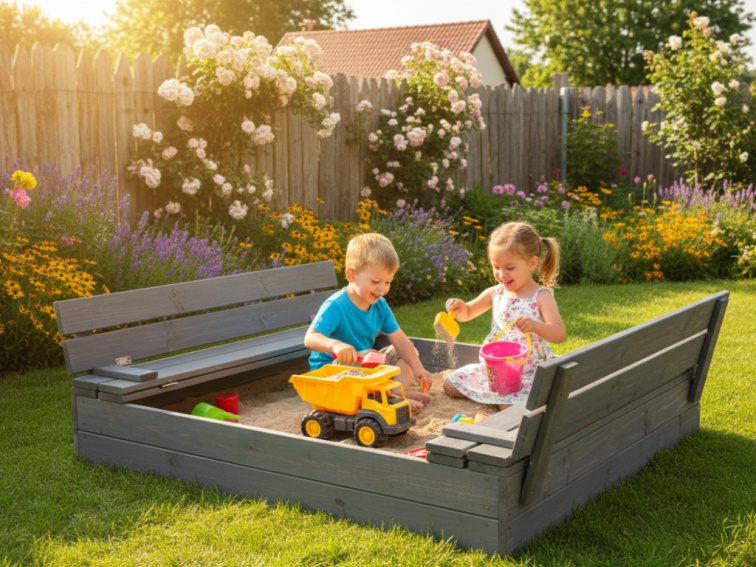 Pískoviště dřevěné s krytem/lavičkami předvrtané impregnované premium 120x120 cm - šedé