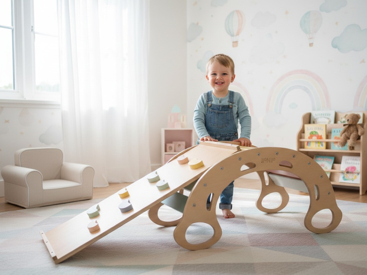 Dřevěná montessori houpačka PRO 5v1 set s prknem 2v1 pastel