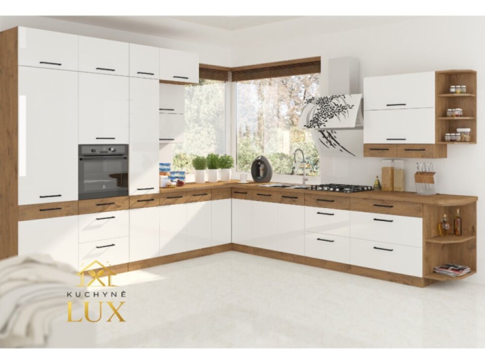 Rohová kuchyňská linka Vigo 3 - Bílý Lesk a Dub Lancelot