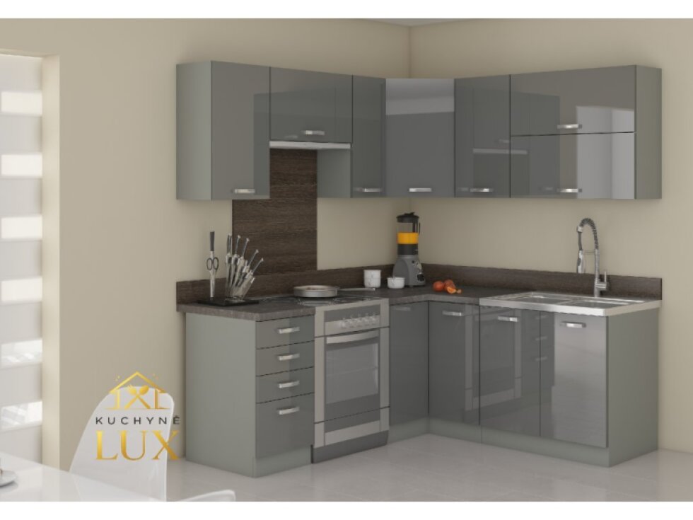 Rohová kuchyňská linka Grey 2 - 190x170 cm, moderní šedý lesk
